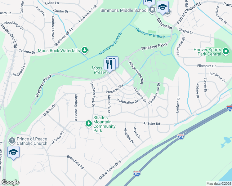 map of restaurants, bars, coffee shops, grocery stores, and more near 637 Preserve Way in Birmingham