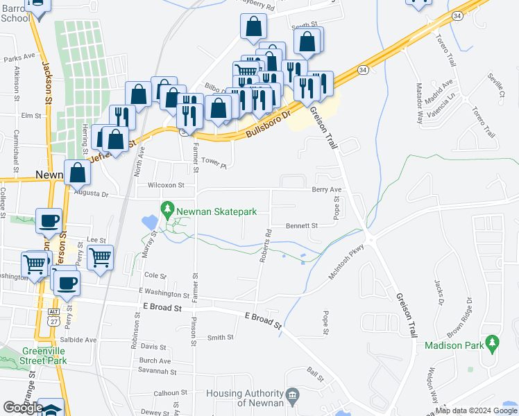 map of restaurants, bars, coffee shops, grocery stores, and more near 66 Glenn Street in Newnan