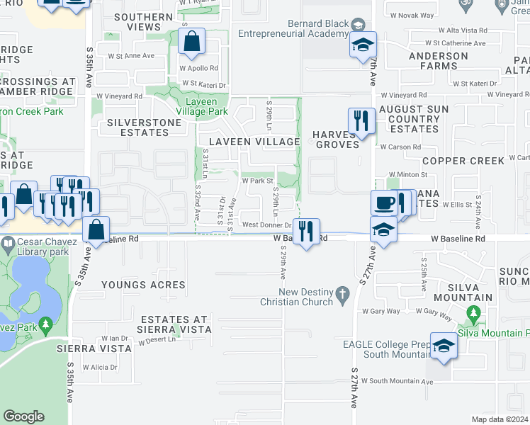 map of restaurants, bars, coffee shops, grocery stores, and more near 7405 South 30th Avenue in Phoenix