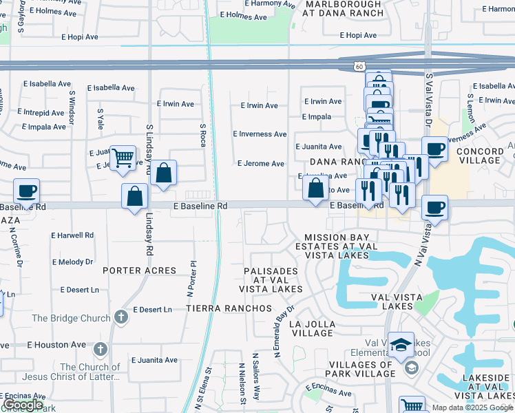 map of restaurants, bars, coffee shops, grocery stores, and more near 3048 East Baseline Road in Mesa
