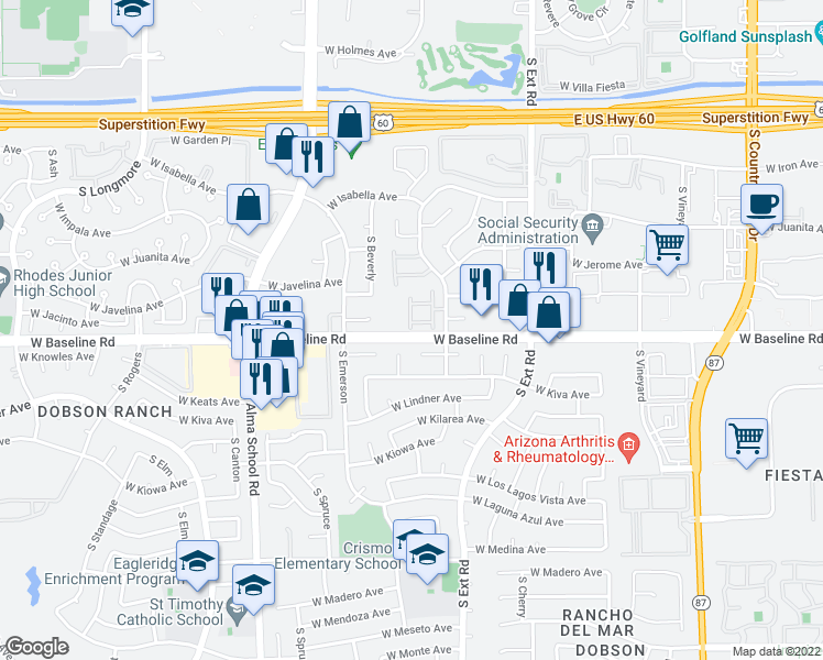 map of restaurants, bars, coffee shops, grocery stores, and more near 1930 South Westwood in Mesa