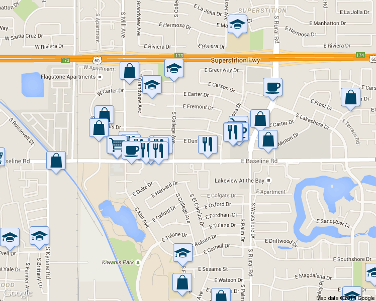 map of restaurants, bars, coffee shops, grocery stores, and more near 323 East Dunbar Drive in Tempe
