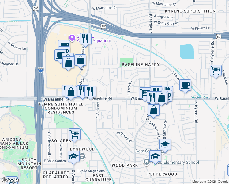 map of restaurants, bars, coffee shops, grocery stores, and more near 5030 South Beck Avenue in Tempe