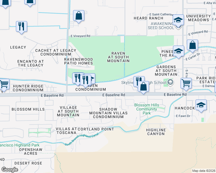 map of restaurants, bars, coffee shops, grocery stores, and more near 3434 East Baseline Road in Phoenix