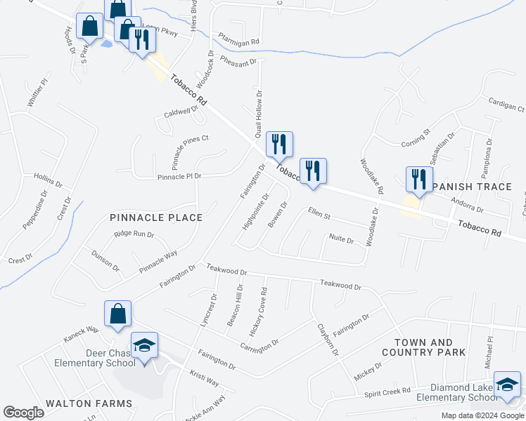 map of restaurants, bars, coffee shops, grocery stores, and more near 3812 Highpointe Drive in Hephzibah