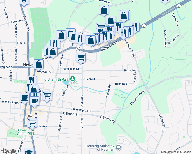 map of restaurants, bars, coffee shops, grocery stores, and more near 43 Berry Avenue in Newnan