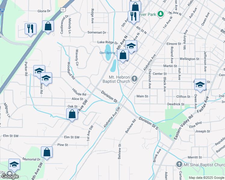 map of restaurants, bars, coffee shops, grocery stores, and more near 250 Division Street in Bessemer
