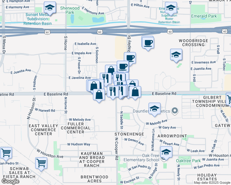 map of restaurants, bars, coffee shops, grocery stores, and more near East Baseline Road & North Cooper Road in Mesa