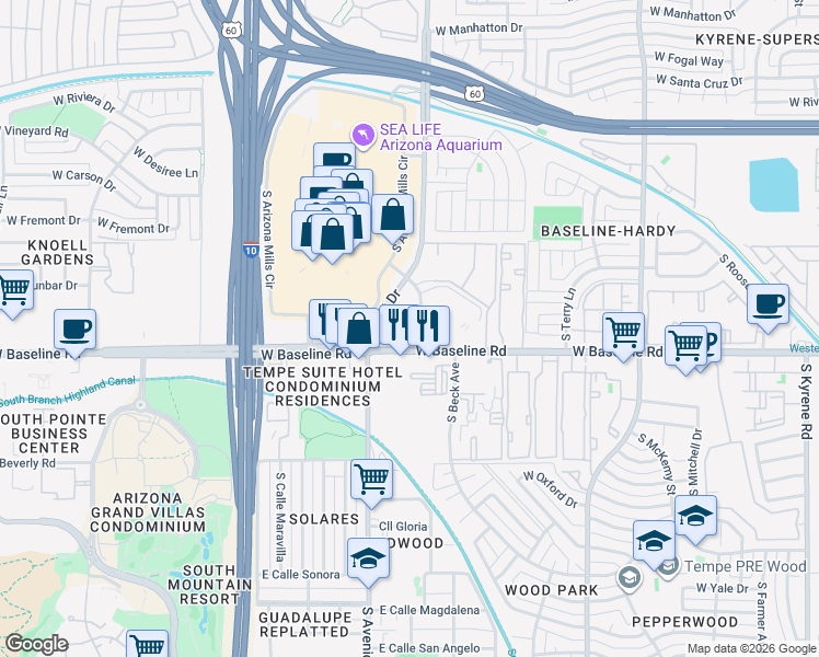 map of restaurants, bars, coffee shops, grocery stores, and more near 5075 South Priest Drive in Tempe