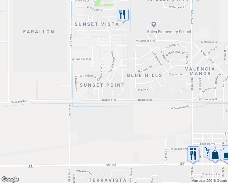 map of restaurants, bars, coffee shops, grocery stores, and more near 7469 South Horizon Court in Buckeye