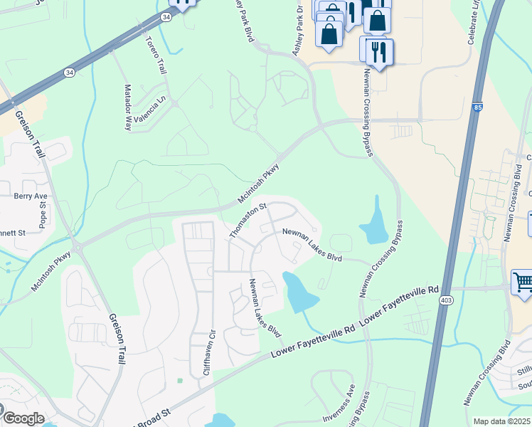 map of restaurants, bars, coffee shops, grocery stores, and more near 145 Thomaston Street in Newnan
