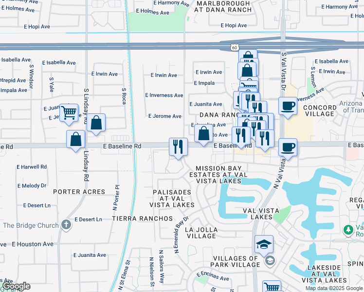 map of restaurants, bars, coffee shops, grocery stores, and more near 3130 East Baseline Road in Mesa