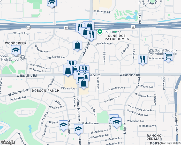 map of restaurants, bars, coffee shops, grocery stores, and more near 1942 South Emerson in Mesa