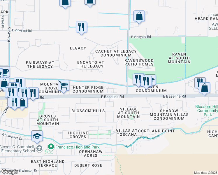 map of restaurants, bars, coffee shops, grocery stores, and more near 7464 South 31st Place in Phoenix