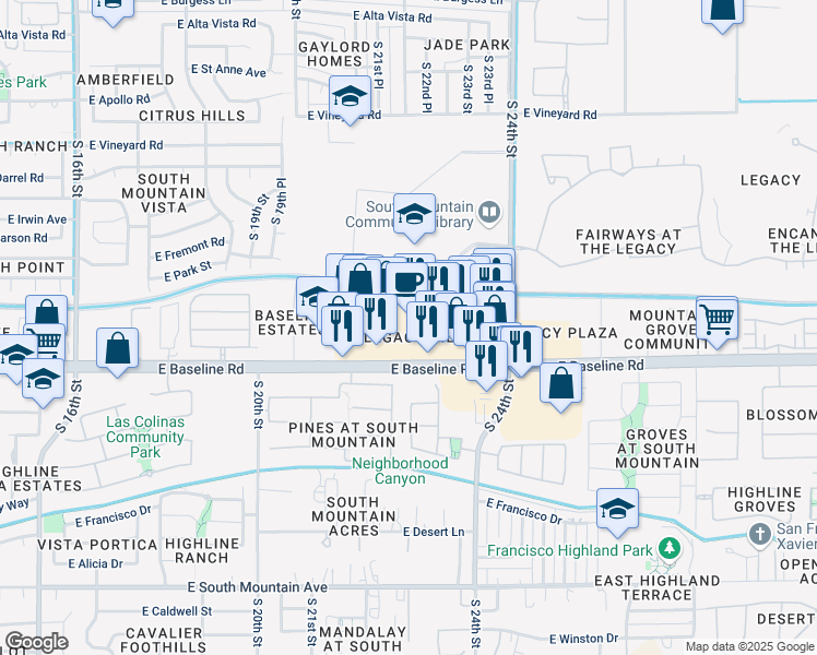 map of restaurants, bars, coffee shops, grocery stores, and more near 2140 East Baseline Road in Phoenix