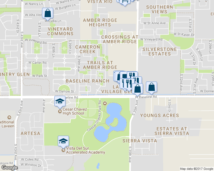 map of restaurants, bars, coffee shops, grocery stores, and more near 7419 South 37th Drive in Phoenix