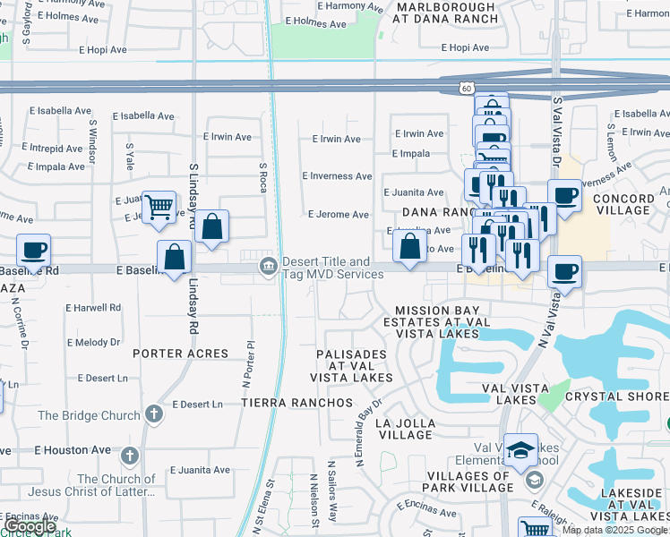 map of restaurants, bars, coffee shops, grocery stores, and more near East Baseline Road in Gilbert