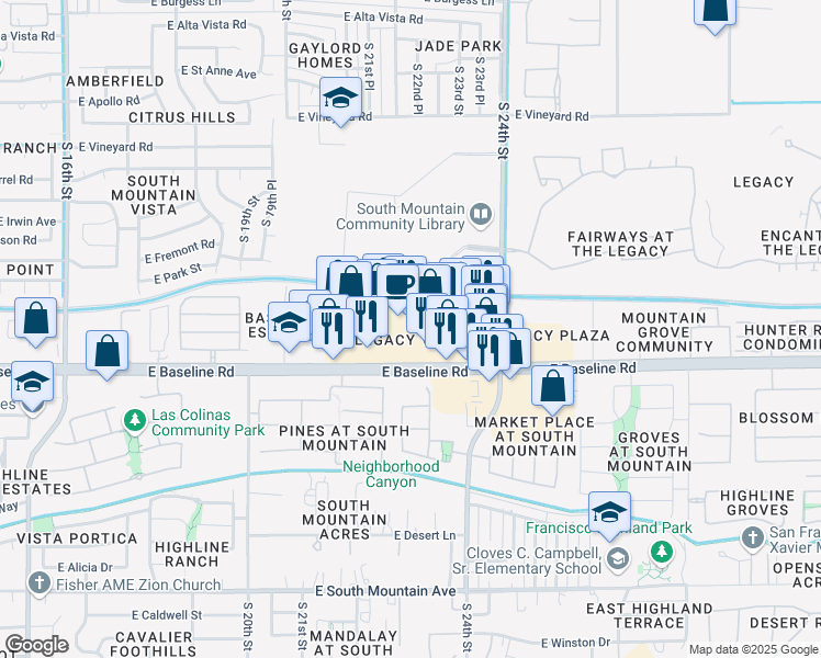 map of restaurants, bars, coffee shops, grocery stores, and more near 2250 East Baseline Road in Phoenix