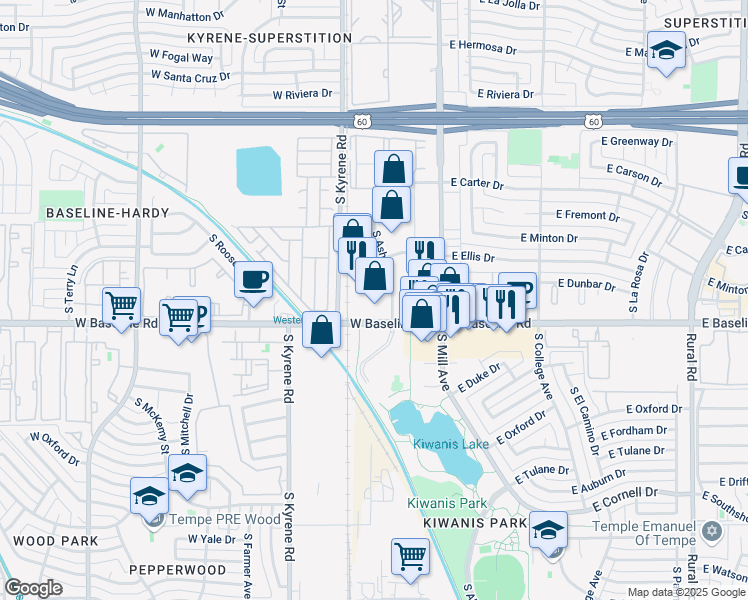 map of restaurants, bars, coffee shops, grocery stores, and more near 5032 South Ash Avenue in Tempe