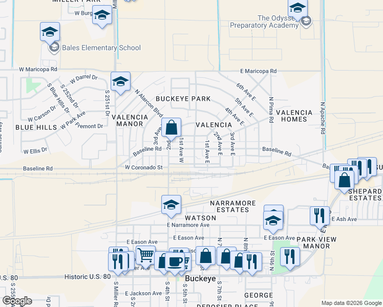 map of restaurants, bars, coffee shops, grocery stores, and more near in Buckeye