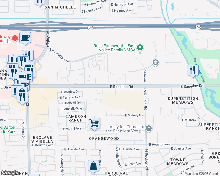 map of restaurants, bars, coffee shops, grocery stores, and more near 5652 East Baseline Road in Mesa