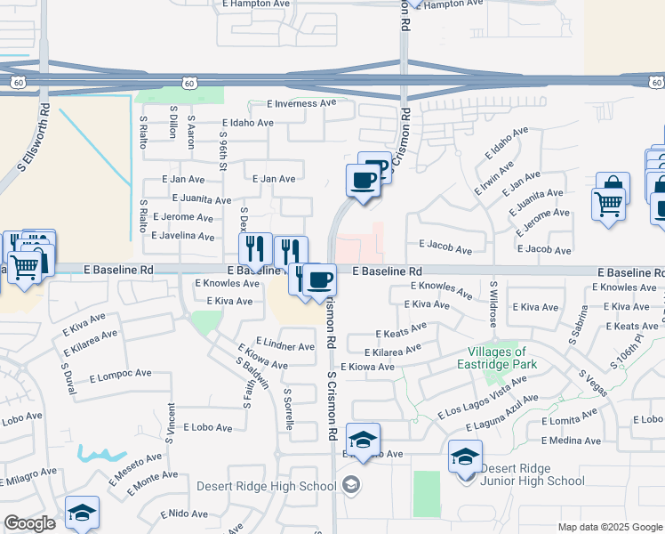 map of restaurants, bars, coffee shops, grocery stores, and more near South Crismon Road in Mesa
