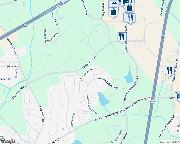 map of restaurants, bars, coffee shops, grocery stores, and more near 66 Thomaston Street in Newnan