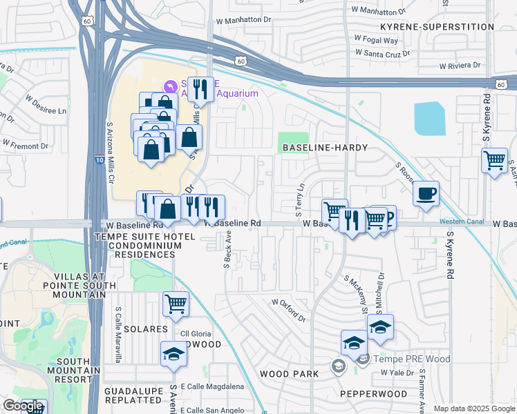 map of restaurants, bars, coffee shops, grocery stores, and more near 1222 West Baseline Road in Tempe