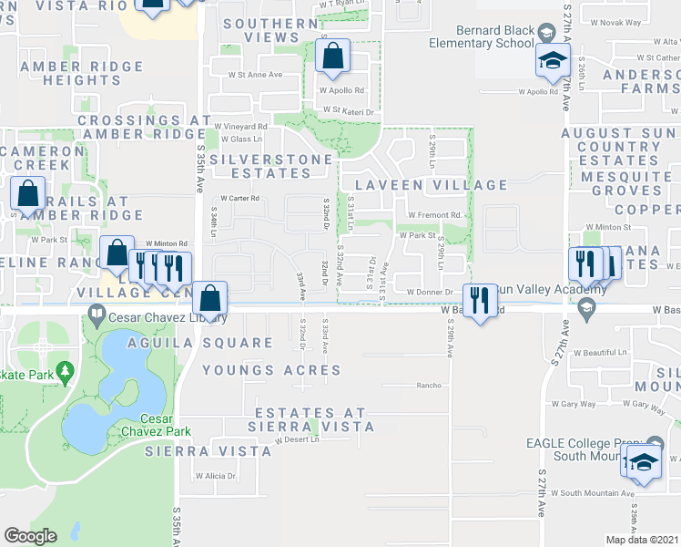 map of restaurants, bars, coffee shops, grocery stores, and more near W Dunbar Dr & S 32nd Ave in Phoenix