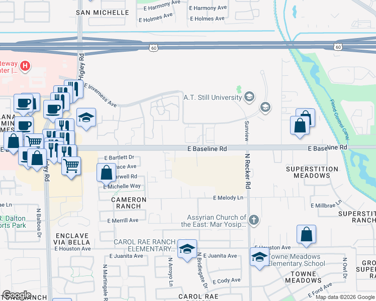 map of restaurants, bars, coffee shops, grocery stores, and more near 5652 East Baseline Road in Mesa