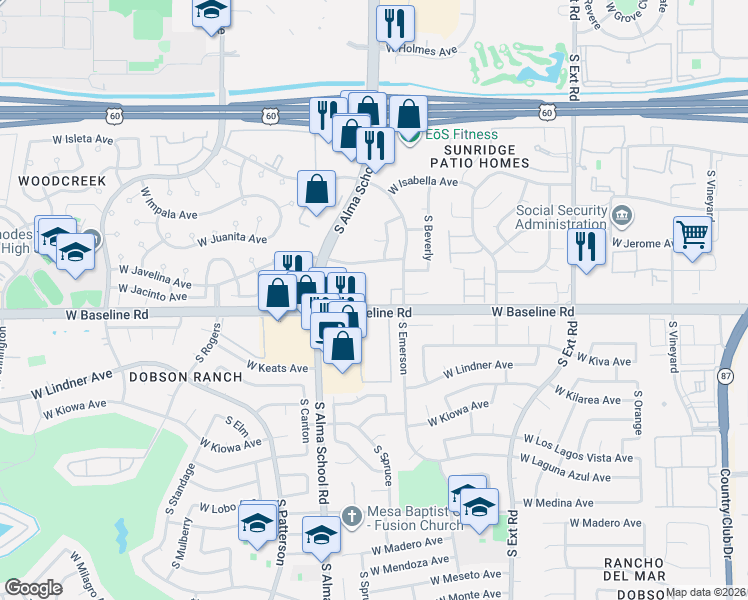 map of restaurants, bars, coffee shops, grocery stores, and more near 1136 West Baseline Road in Mesa