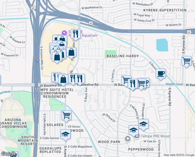 map of restaurants, bars, coffee shops, grocery stores, and more near South Apartment in Tempe