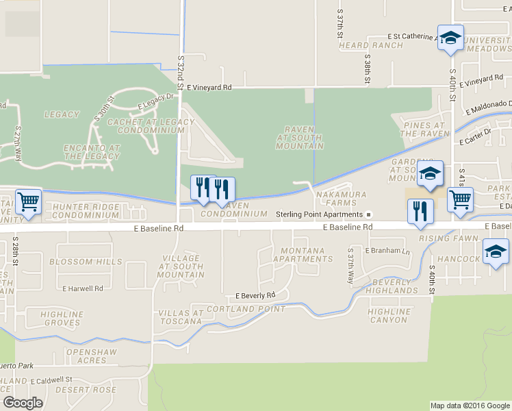 map of restaurants, bars, coffee shops, grocery stores, and more near 3434 East Baseline Road in Phoenix
