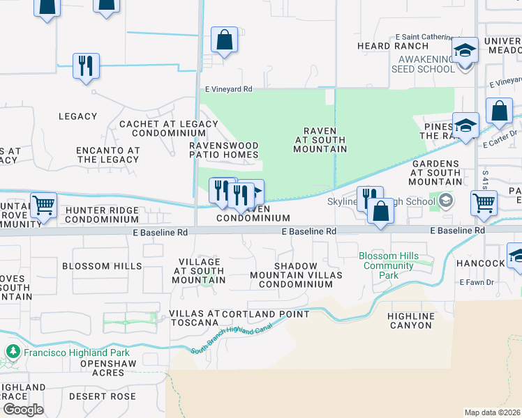 map of restaurants, bars, coffee shops, grocery stores, and more near 3316 East Baseline Road in Phoenix