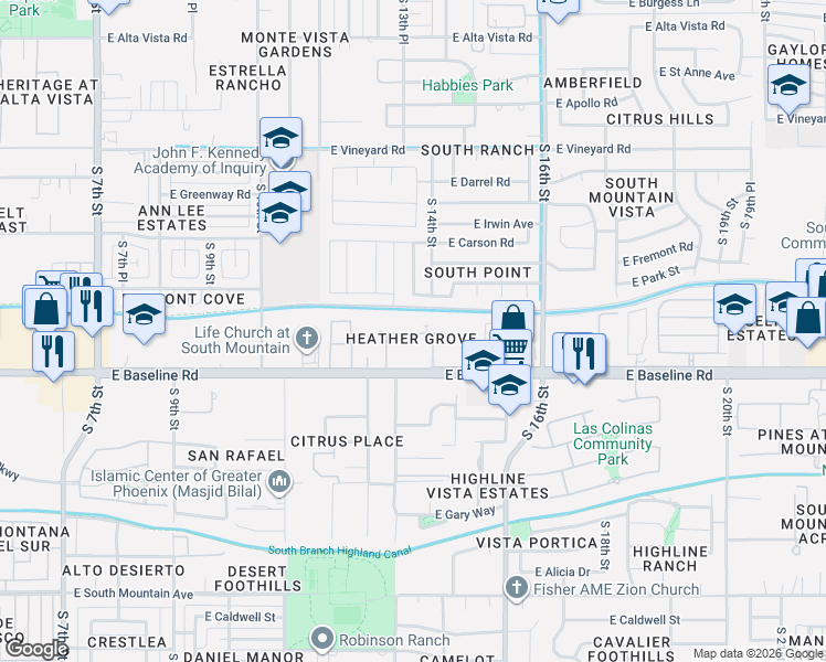 map of restaurants, bars, coffee shops, grocery stores, and more near 1328 East Dunbar Drive in Phoenix