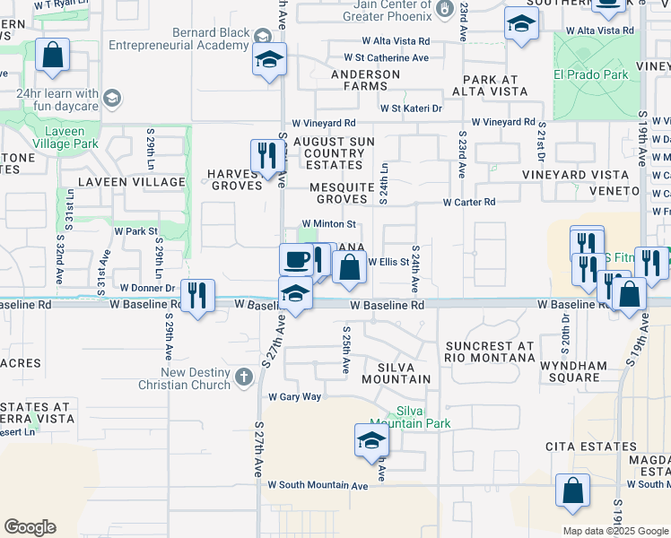 map of restaurants, bars, coffee shops, grocery stores, and more near 7411 South 26th Drive in Phoenix
