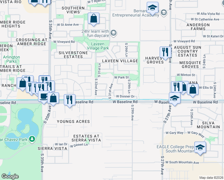map of restaurants, bars, coffee shops, grocery stores, and more near 7313 South 31st Drive in Phoenix