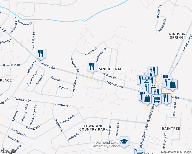 map of restaurants, bars, coffee shops, grocery stores, and more near 3634 San Sebastian Drive in Hephzibah
