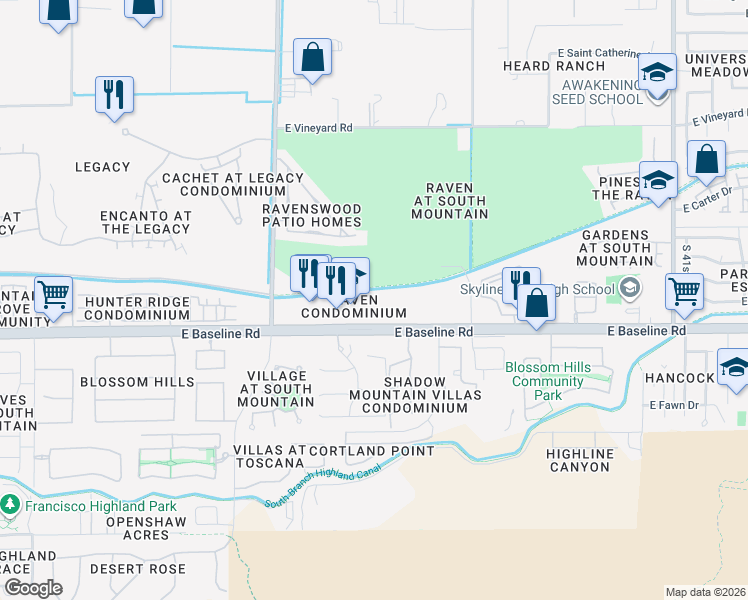 map of restaurants, bars, coffee shops, grocery stores, and more near 3434 East Baseline Road in Phoenix