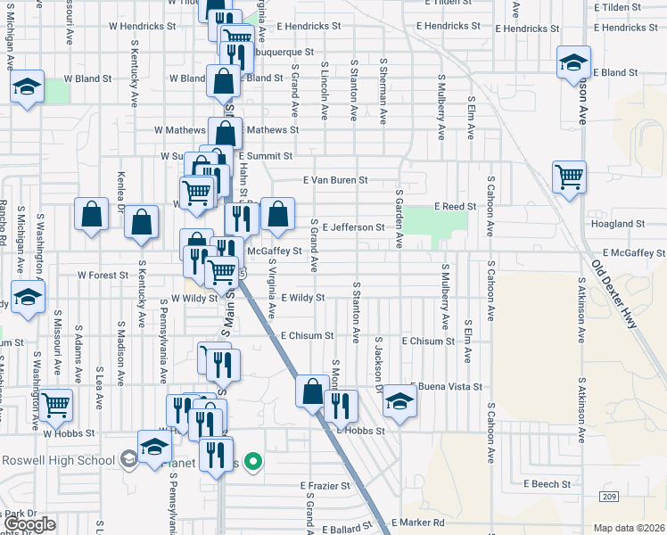 map of restaurants, bars, coffee shops, grocery stores, and more near 318 East McGaffey Street in Roswell