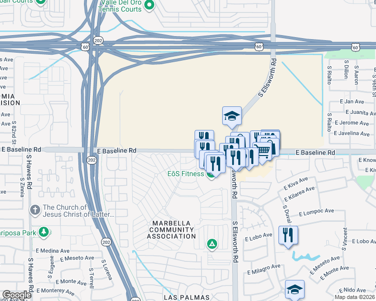 map of restaurants, bars, coffee shops, grocery stores, and more near 9142 East Baseline Road in Mesa