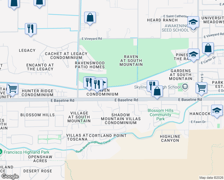 map of restaurants, bars, coffee shops, grocery stores, and more near 3434 East Baseline Road in Phoenix