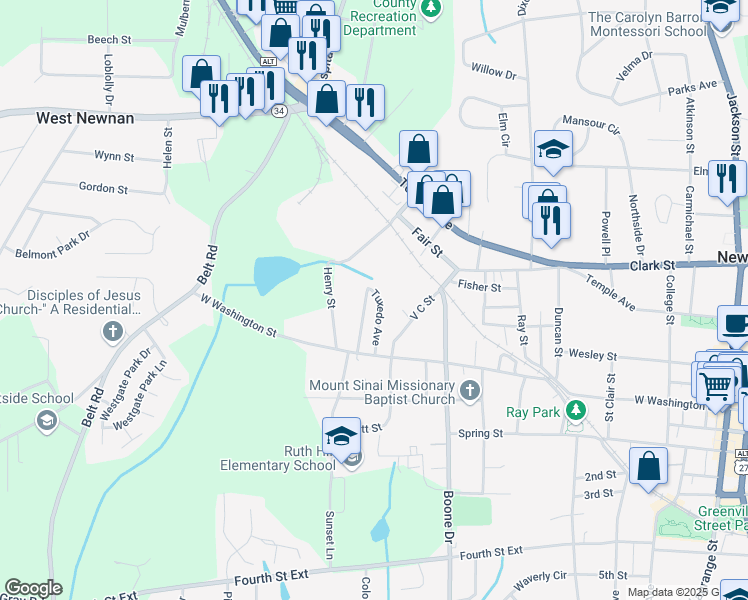 map of restaurants, bars, coffee shops, grocery stores, and more near 30 Tuxedo Avenue in Newnan
