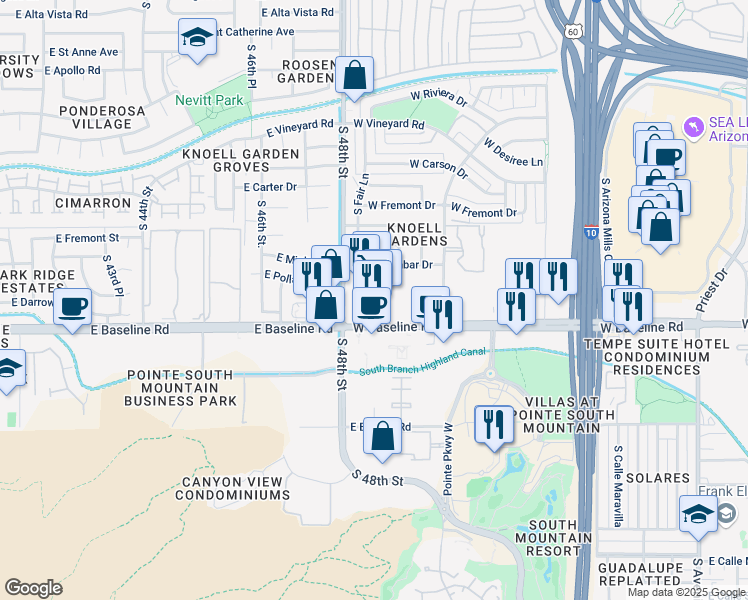 map of restaurants, bars, coffee shops, grocery stores, and more near 2700 West Baseline Road in Tempe