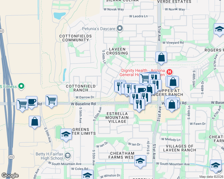 map of restaurants, bars, coffee shops, grocery stores, and more near 7303 South 54th Drive in Phoenix