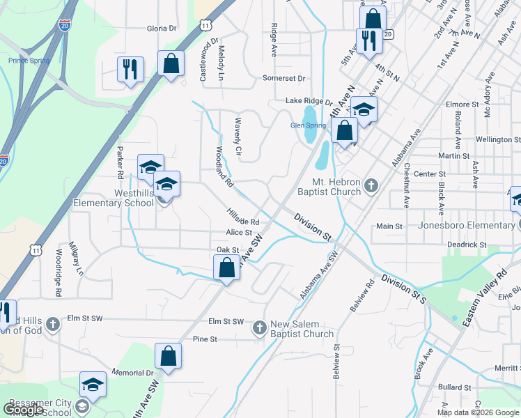 map of restaurants, bars, coffee shops, grocery stores, and more near 194 Waverly Terrace in Bessemer