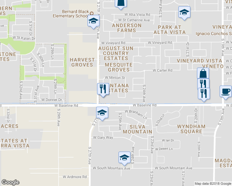 map of restaurants, bars, coffee shops, grocery stores, and more near 7411 South 26th Drive in Phoenix