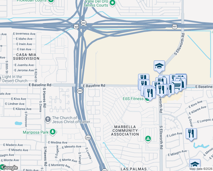 map of restaurants, bars, coffee shops, grocery stores, and more near 8853 East Baseline Road in Mesa