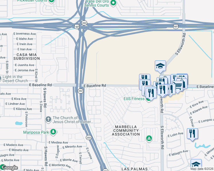 map of restaurants, bars, coffee shops, grocery stores, and more near 8853 East Baseline Road in Mesa