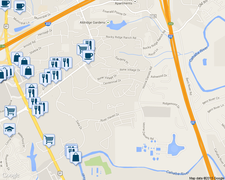 map of restaurants, bars, coffee shops, grocery stores, and more near Rime Vig in Hoover